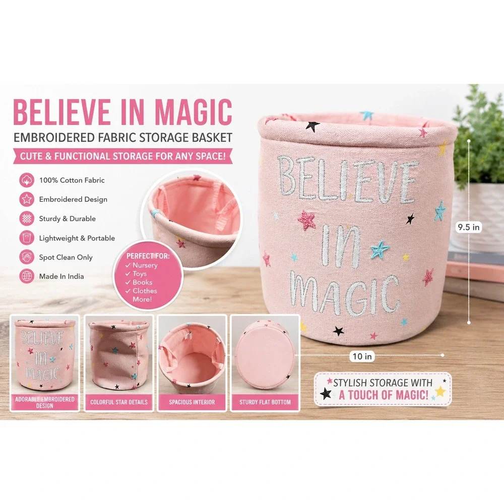 Believe In Magic Pink Cotton Canvas Storage Bin Star Embroidered Toy Basket 8in